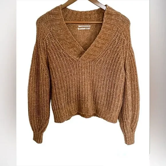 Anthropologie Honore Ribbed V Neck Chunky Knit Wool Sweater in Honey Sz XSP - Picture 5 of 16